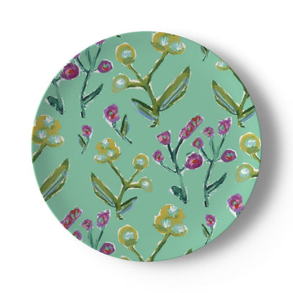Honeysuckle china plates by Erin Donahue Tice, mint green with floral stems on ceramic on Tampa Home & Garden Store