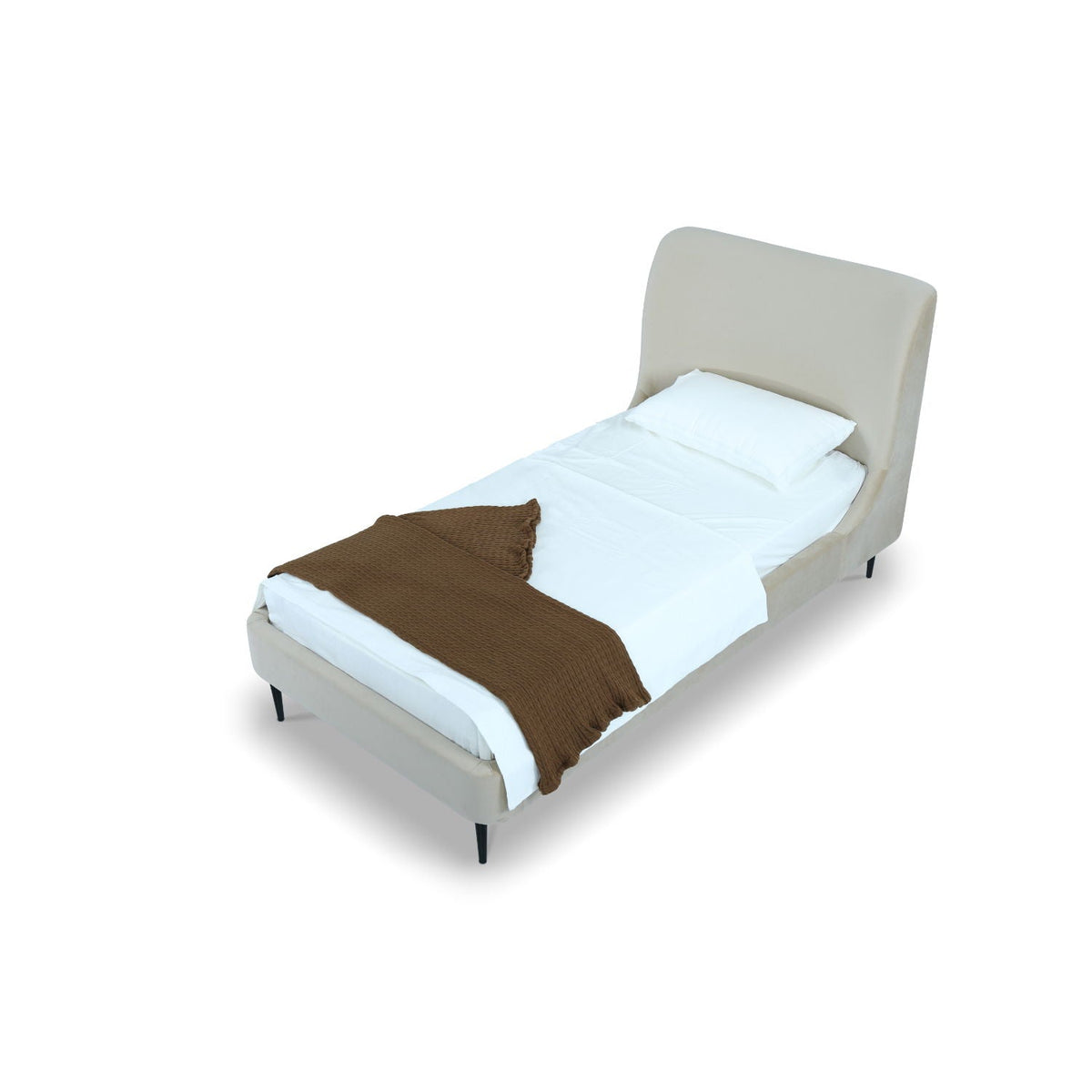 Heather Upholstered Bed with curved beige headboard in soft fabric, HouseOfZazla on Tampa Home & Garden Store