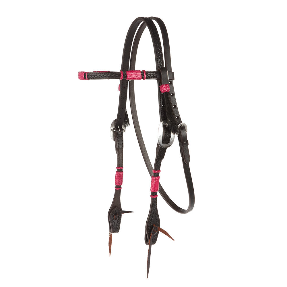 Browband headstall Mayatex hot pink rawhide rope, tooled black leather tack on Tampa Home & Garden Store