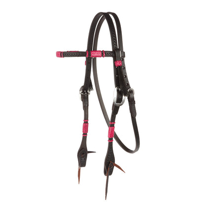 Browband headstall Mayatex hot pink rawhide rope, tooled black leather tack on Tampa Home & Garden Store