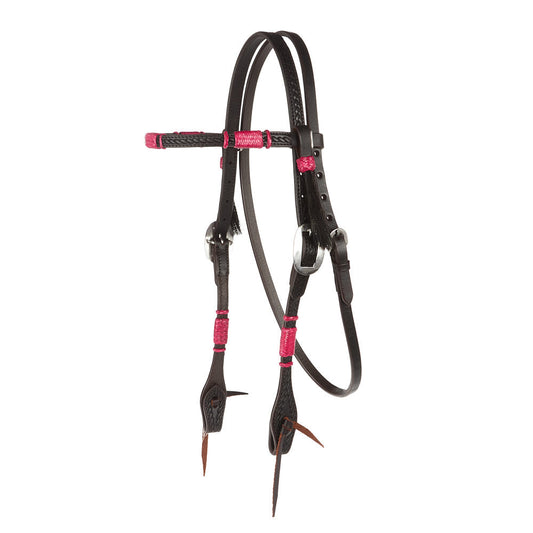 Browband headstall Mayatex hot pink rawhide rope, tooled black leather tack on Tampa Home & Garden Store