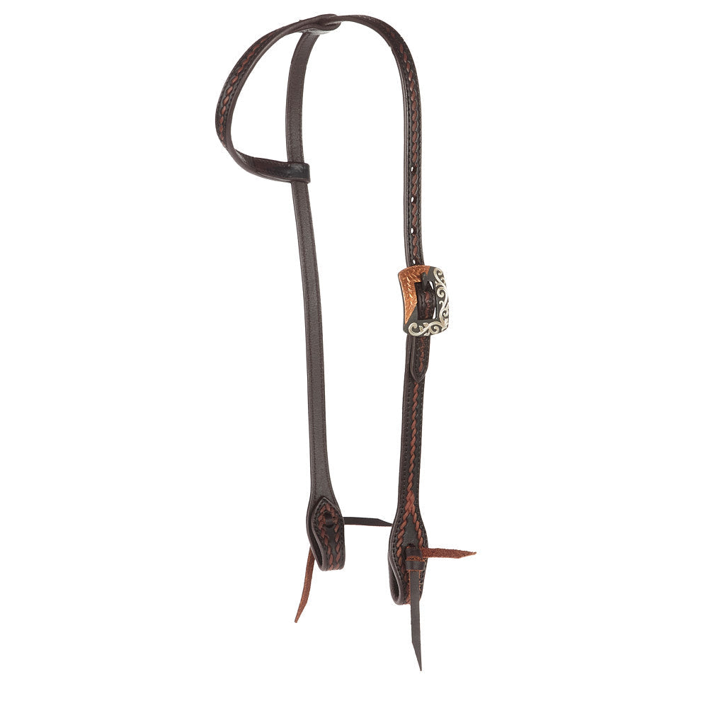 Headstall Mayatex WD-RTSEH-HO-7 oiled leather rope tooling, silver buckle, single ear on Tampa Home & Garden Store