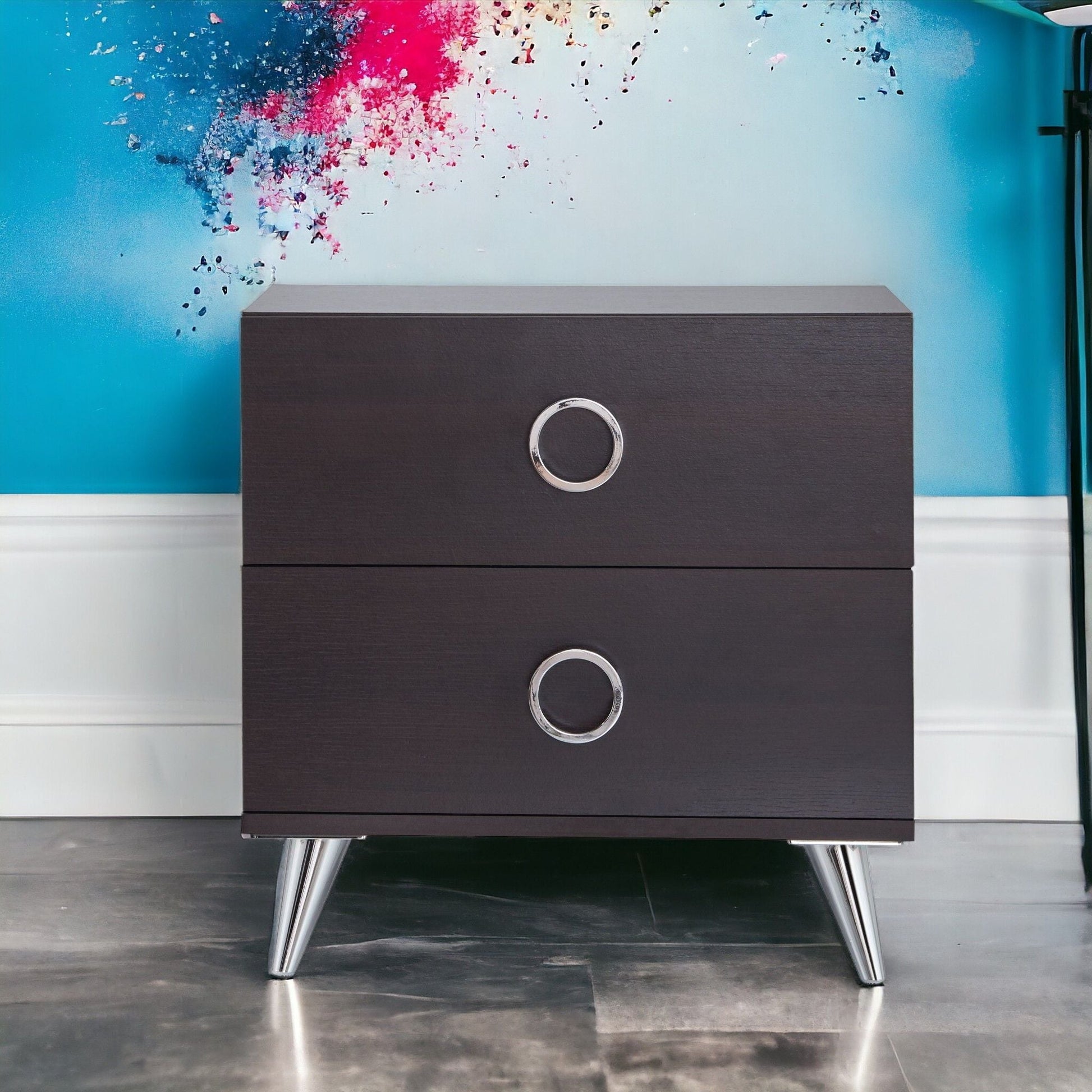 Elms accent table espresso finish with round chrome ring pulls and angled metal legs on Tampa Home & Garden Store