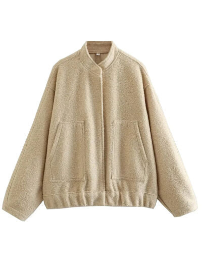 Stevvex beige teddy fleece jacket drop shoulders with front patch pockets on Tampa Home & Garden Store