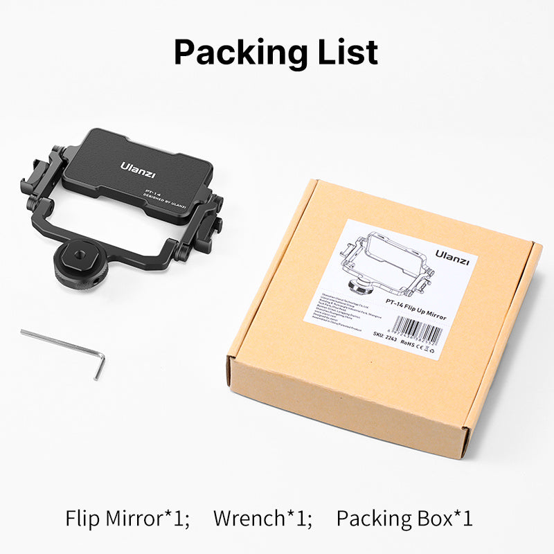 Ulanzi PT-14 flip-up mirror selfie accessory with black metal frame, 1 wrench, 1 packing box on Tampa Home & Garden Store