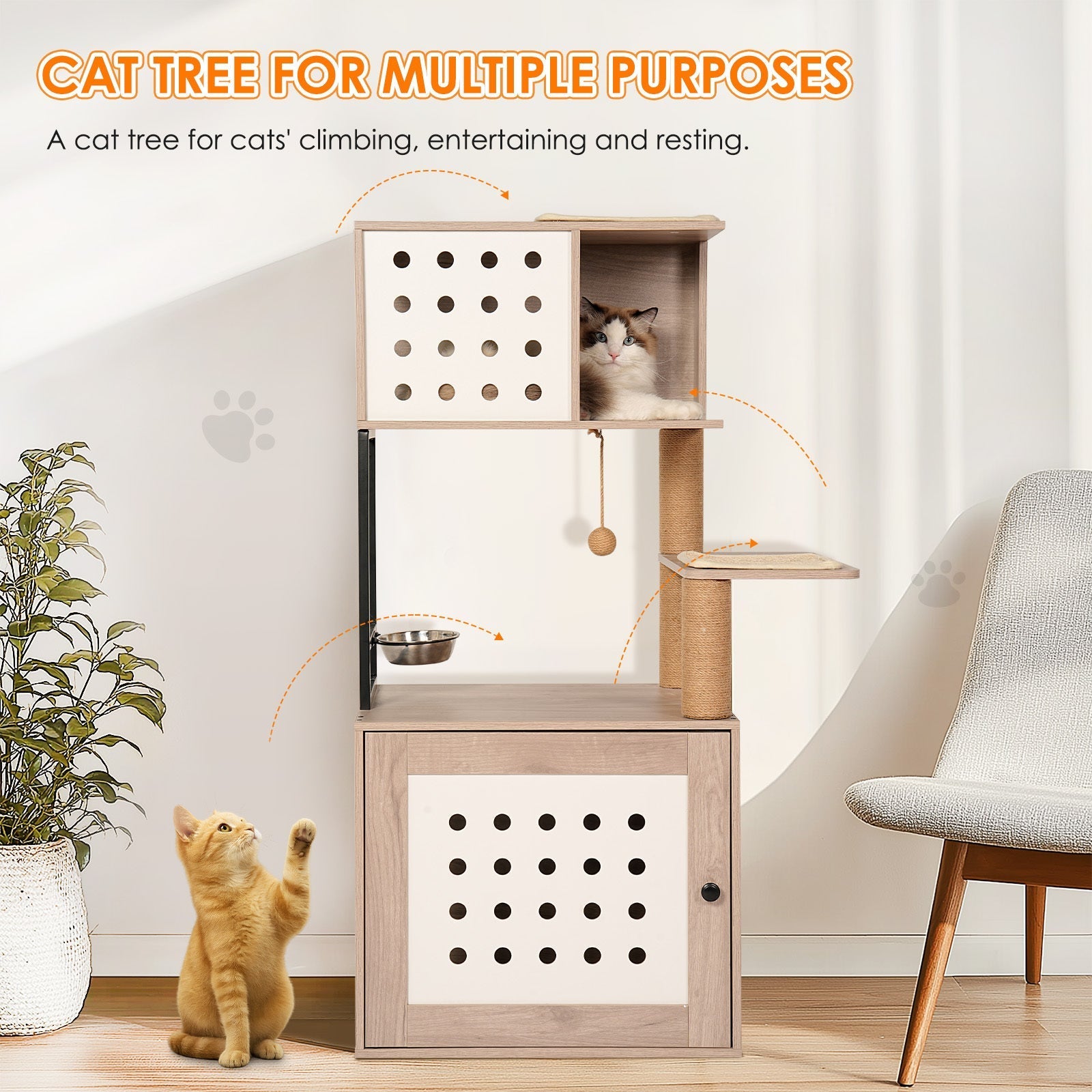 Cat Tree with Litter Box Enclosure and Hammock by HouseOfZazla, light wood with panels on Tampa Home & Garden Store