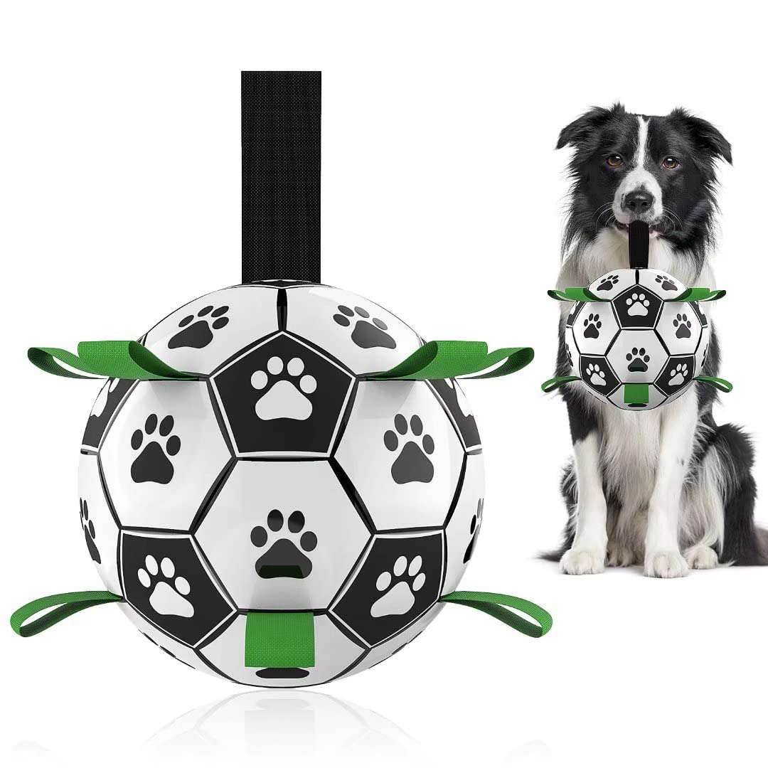 Interactive dog football toy with paw-print panels, inflated ball, green grips, Sell My Stuff on Tampa Home & Garden Store