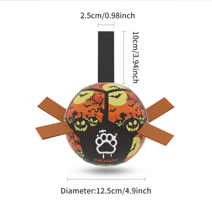 Interactive Halloween dog football ball with pumpkin print, PETART brand, four brown straps on Tampa Home & Garden Store