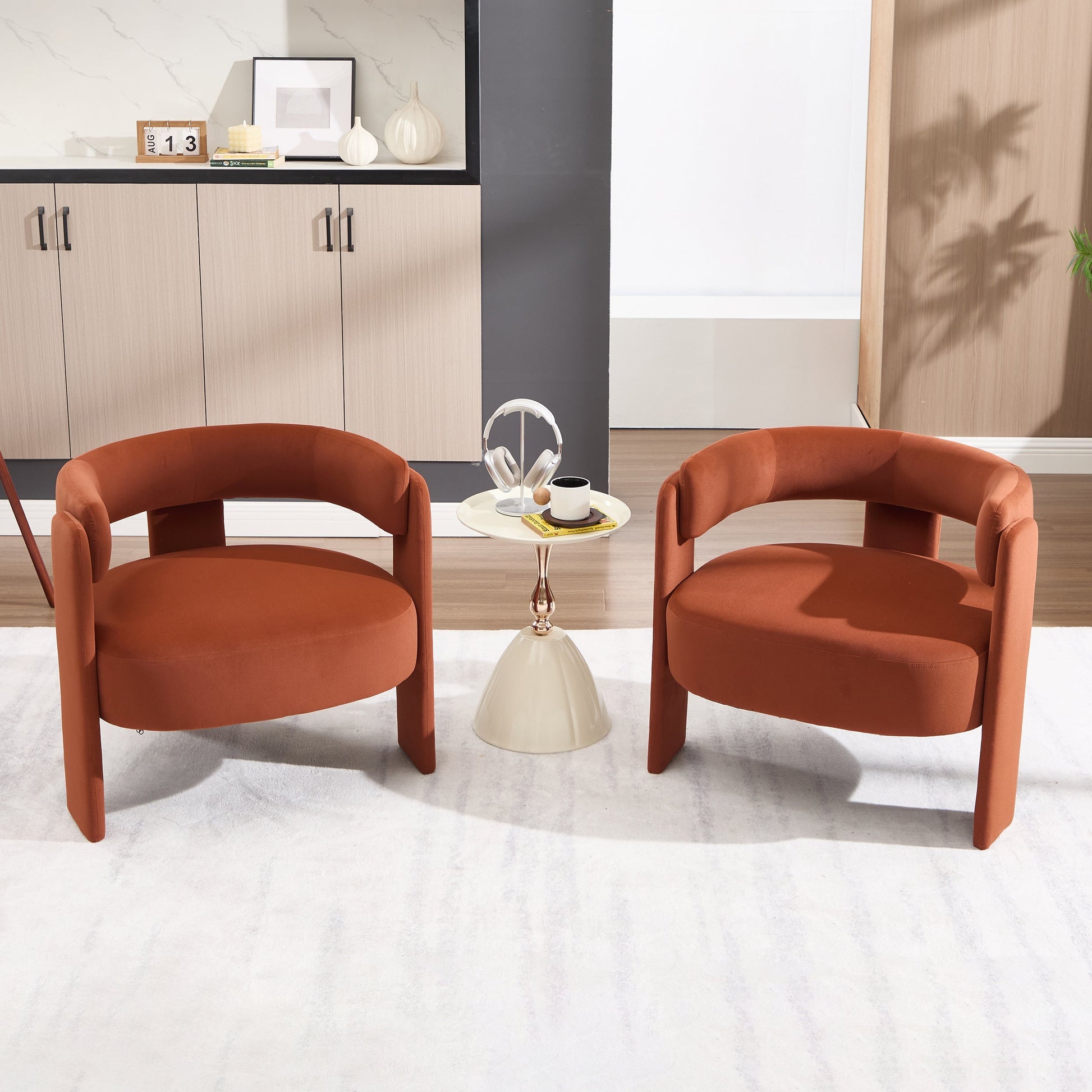 Velvet accent chairs terracotta orange (2) in a modern living room HouseOfZazla on Tampa Home & Garden Store