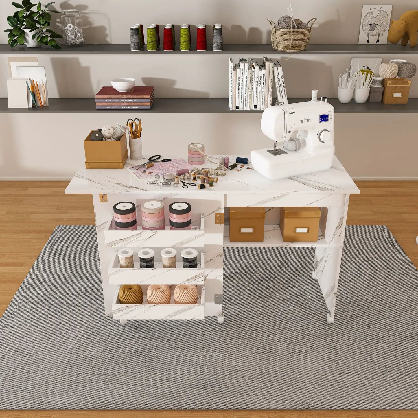 4-in-1 folding sewing table with lockable wheels in white by Unique Piece Furniture, craft space on Tampa Home & Garden Store