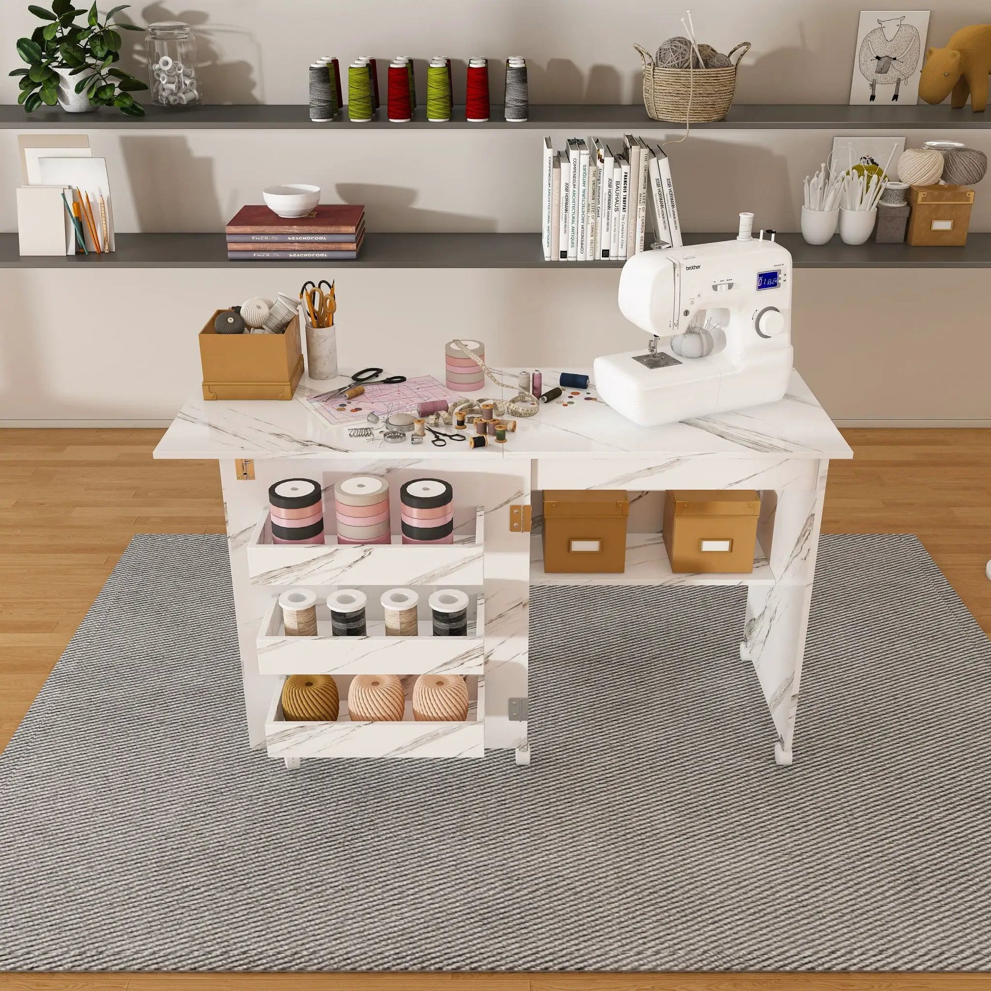 4-in-1 folding sewing table with lockable wheels in white by Unique Piece Furniture, craft space on Tampa Home & Garden Store