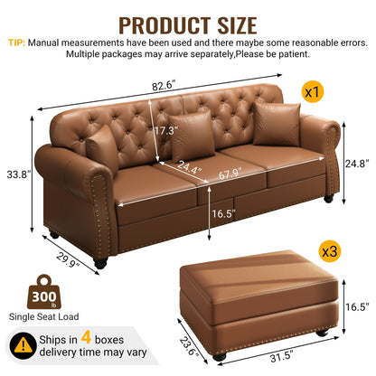 Upholstered Sofa with Nailhead and Ottoman