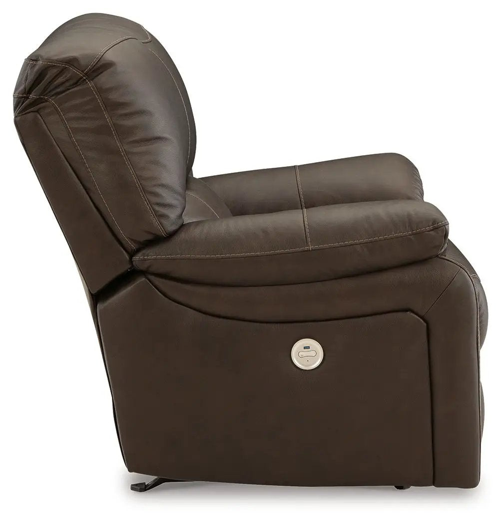 Leesworth Rocker Recliner in dark brown leather with padded arms and power side control on Tampa Home & Garden Store