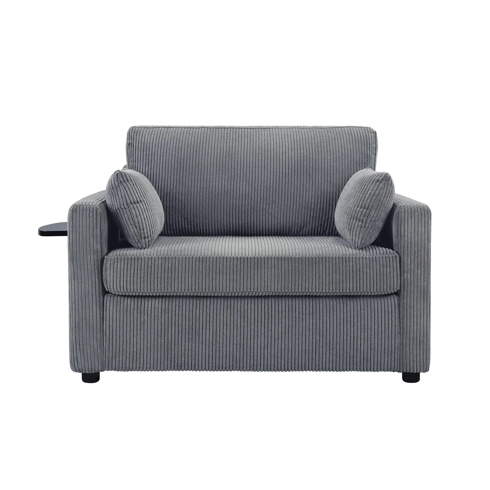 Sleeper sofa by Unique Piece Furniture in gray corduroy with a small attached side table on Tampa Home & Garden Store