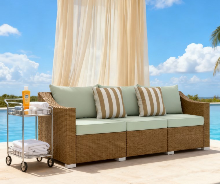 Rattan wicker three-seat outdoor sofa with pale green cushions and striped pillows on Tampa Home & Garden Store