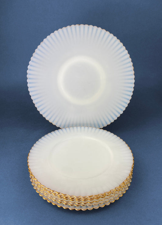 1930s Monax Petalware Opalescent Glass Dinner Plates. White Glass with Gold Rim. Depression Glass 8 Inch Dinner Plates. - Tampa Home & Garden Store