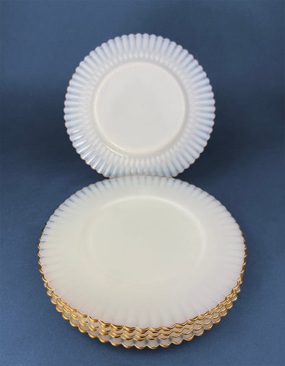 1930s Monax Petalware Opalescent Glass Dinner Plates. White Glass with Gold Rim. Depression Glass 8 Inch Dinner Plates. - Tampa Home & Garden Store