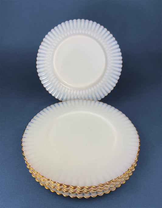 1930s Monax Petalware Opalescent Glass Dinner Plates. White Glass with Gold Rim. Depression Glass 8 Inch Dinner Plates. - Tampa Home & Garden Store