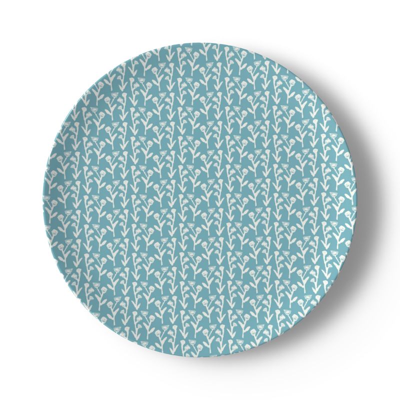 Ivy Manor slate blue china plate with white botanical motif by Erin Donahue Tice on Tampa Home & Garden Store
