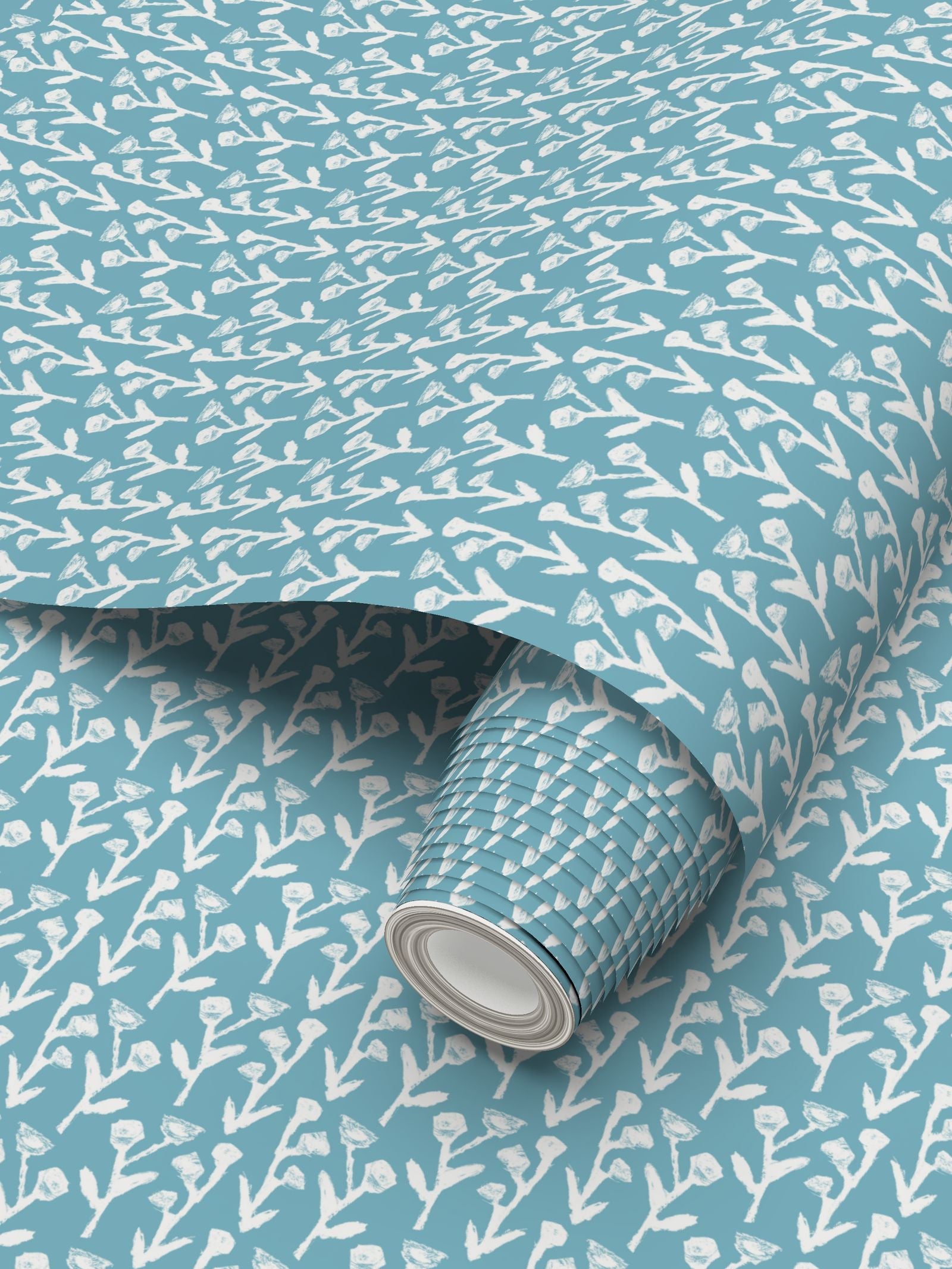 Ivy Wallpaper Slate by Erin Donahue Tice; repeat pattern wallpaper in blue with white ivy on Tampa Home & Garden Store
