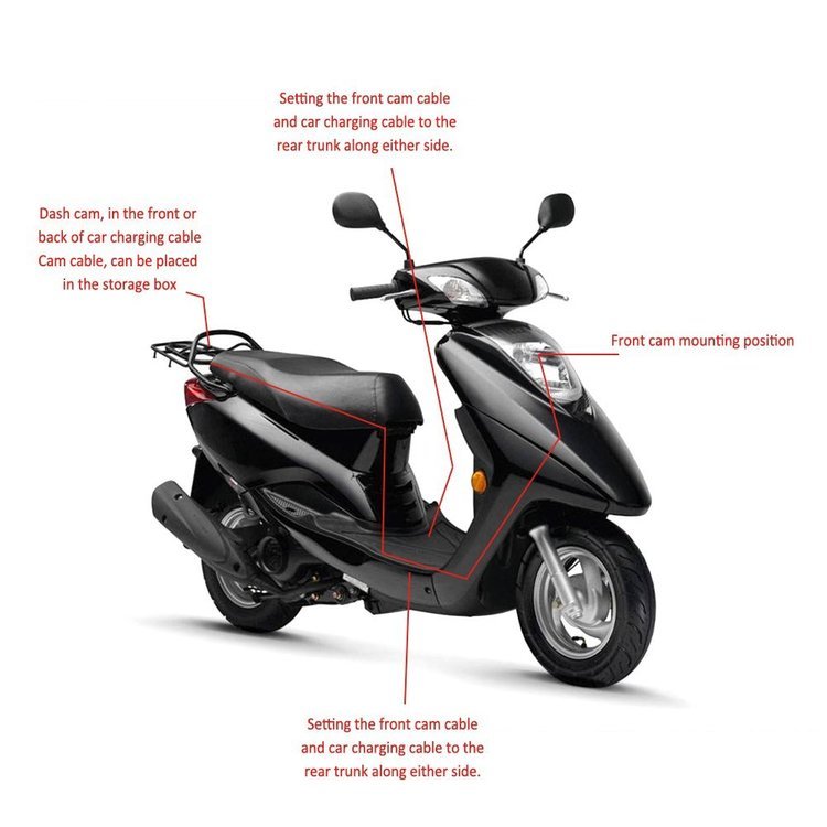 Motorcycle Dash Cam Sell My Stuff on black scooter with red diagram showing front and rear cams on Tampa Home & Garden Store