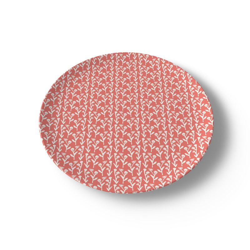 China plate Coral Ivy Manor by Erin Donahue Tice, coral with white botanical motif on Tampa Home & Garden Store