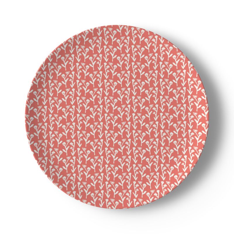 Set of coral Ivy Manor china plates with white ivy pattern, Erin Donahue Tice brand on Tampa Home & Garden Store