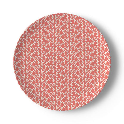 Set of coral Ivy Manor china plates with white ivy pattern, Erin Donahue Tice brand on Tampa Home & Garden Store