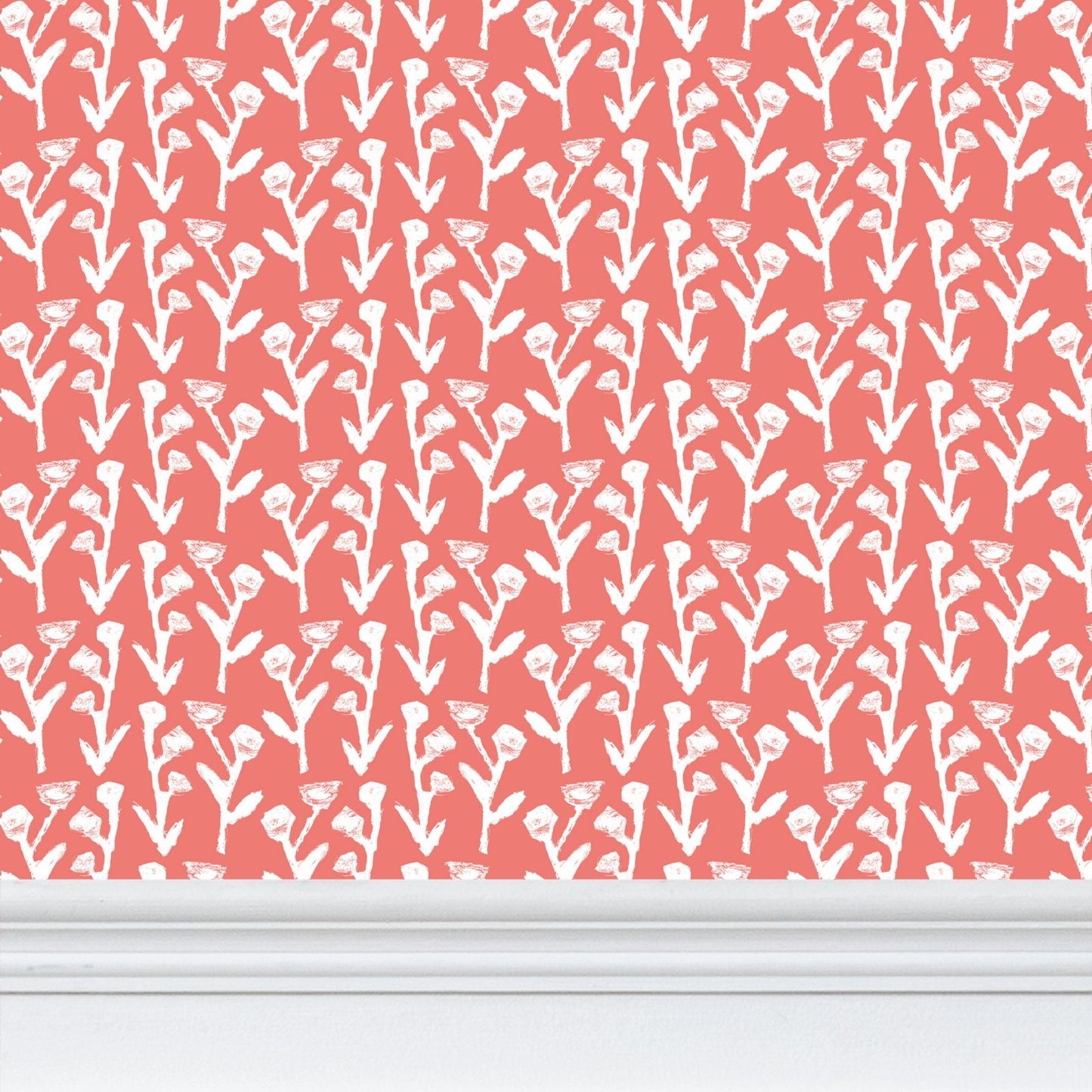 Ivy Manor Coral wallpaper repeat pattern by Erin Donahue Tice with white stems on coral on Tampa Home & Garden Store