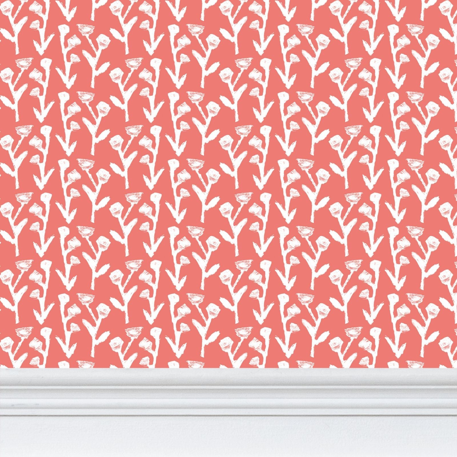 Ivy Manor Coral wallpaper repeat pattern by Erin Donahue Tice with white stems on coral on Tampa Home & Garden Store