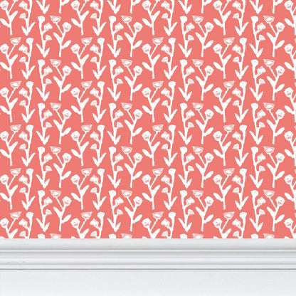 Ivy Manor Coral wallpaper repeat pattern by Erin Donahue Tice with white stems on coral on Tampa Home & Garden Store
