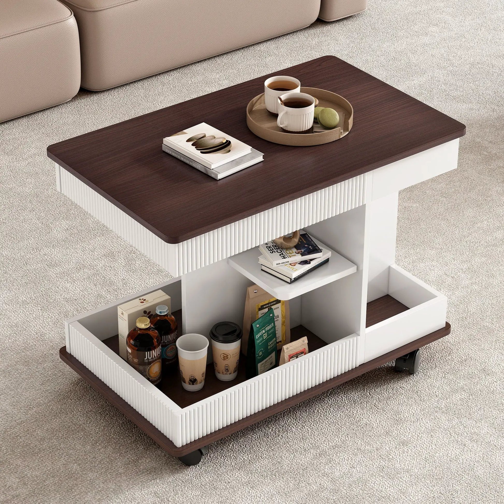 Adjustable end table with wheels, dark wood top and white ribbed storage shelf, 360° top on Tampa Home & Garden Store