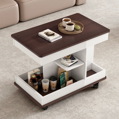 Adjustable end table with wheels, dark wood top and white ribbed storage shelf, 360° top on Tampa Home & Garden Store