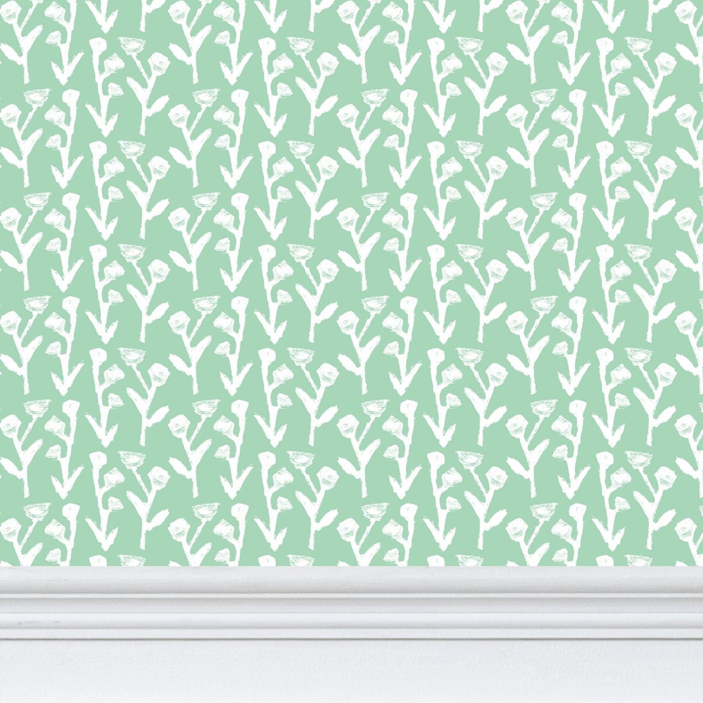 Ivy Manor Wallpaper Mint by Erin Donahue Tice; mint green repeat pattern with white vines on Tampa Home & Garden Store
