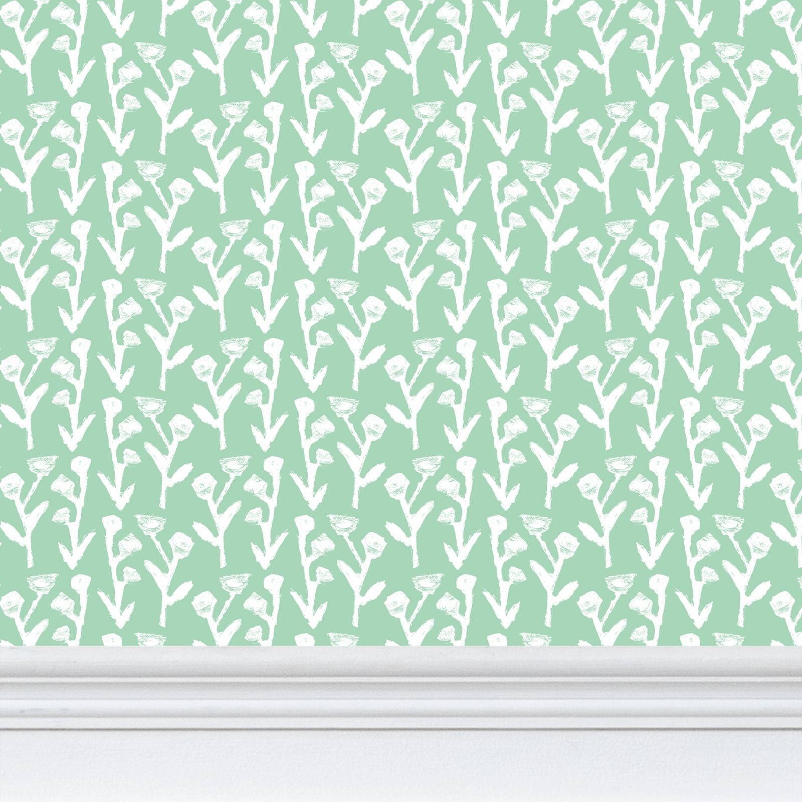 Ivy Manor Wallpaper Mint by Erin Donahue Tice; mint green repeat pattern with white vines on Tampa Home & Garden Store