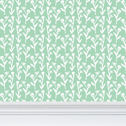 Ivy Manor Wallpaper Mint by Erin Donahue Tice; mint green repeat pattern with white vines on Tampa Home & Garden Store