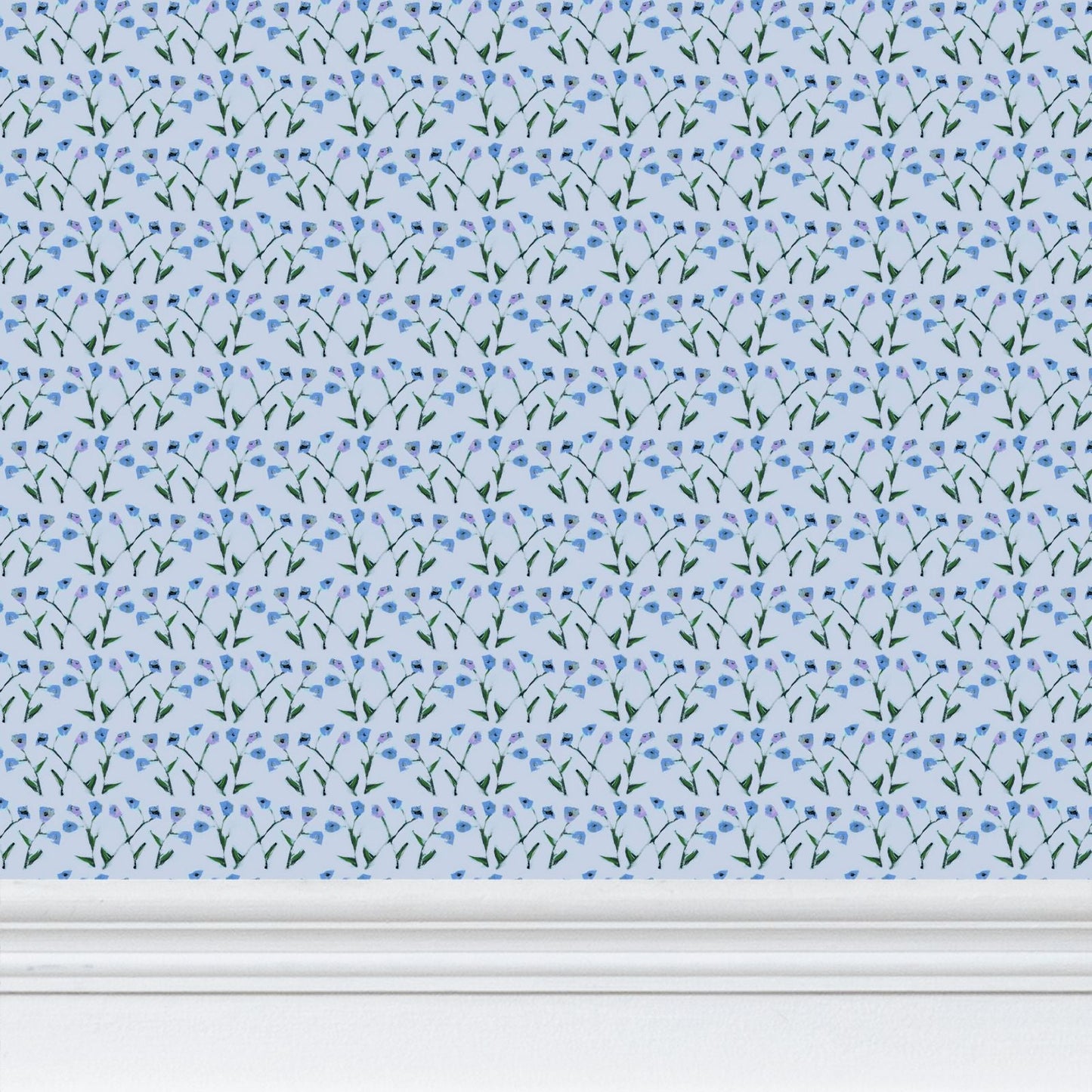 Genevieve wallpaper Periwinkle Multi with blue flowers and green stems by Erin Donahue Tice on Tampa Home & Garden Store