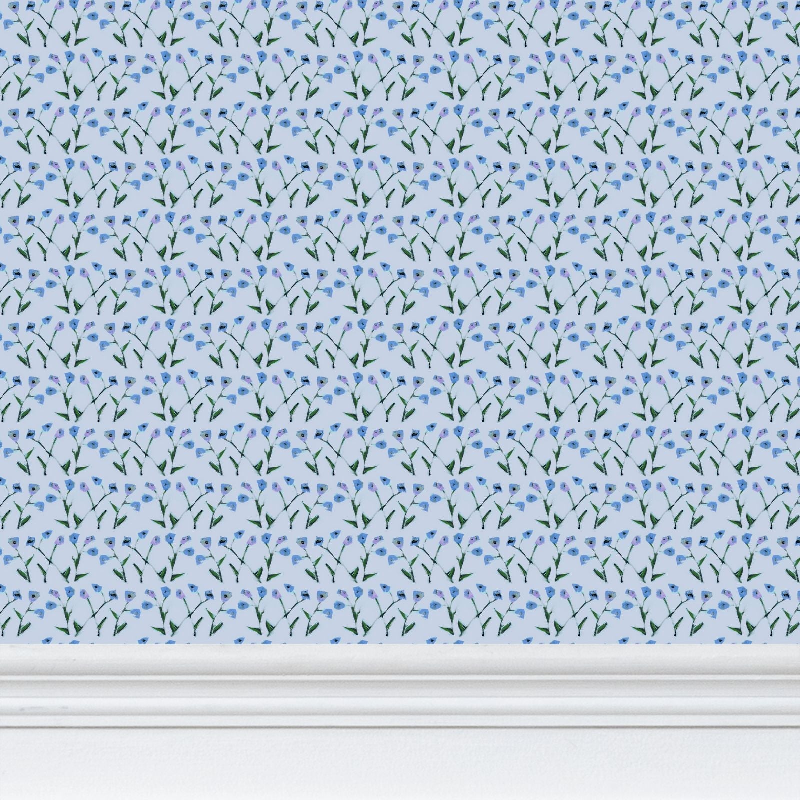 Genevieve wallpaper Periwinkle Multi with blue flowers and green stems by Erin Donahue Tice on Tampa Home & Garden Store