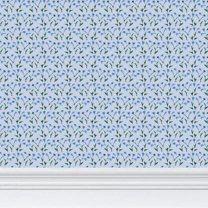 Genevieve wallpaper Periwinkle Multi with blue flowers and green stems by Erin Donahue Tice on Tampa Home & Garden Store