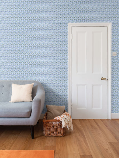 Genevieve Wallpaper periwinkle multi repeat pattern on wall beside white door Erin Donahue Tice on Tampa Home & Garden Store