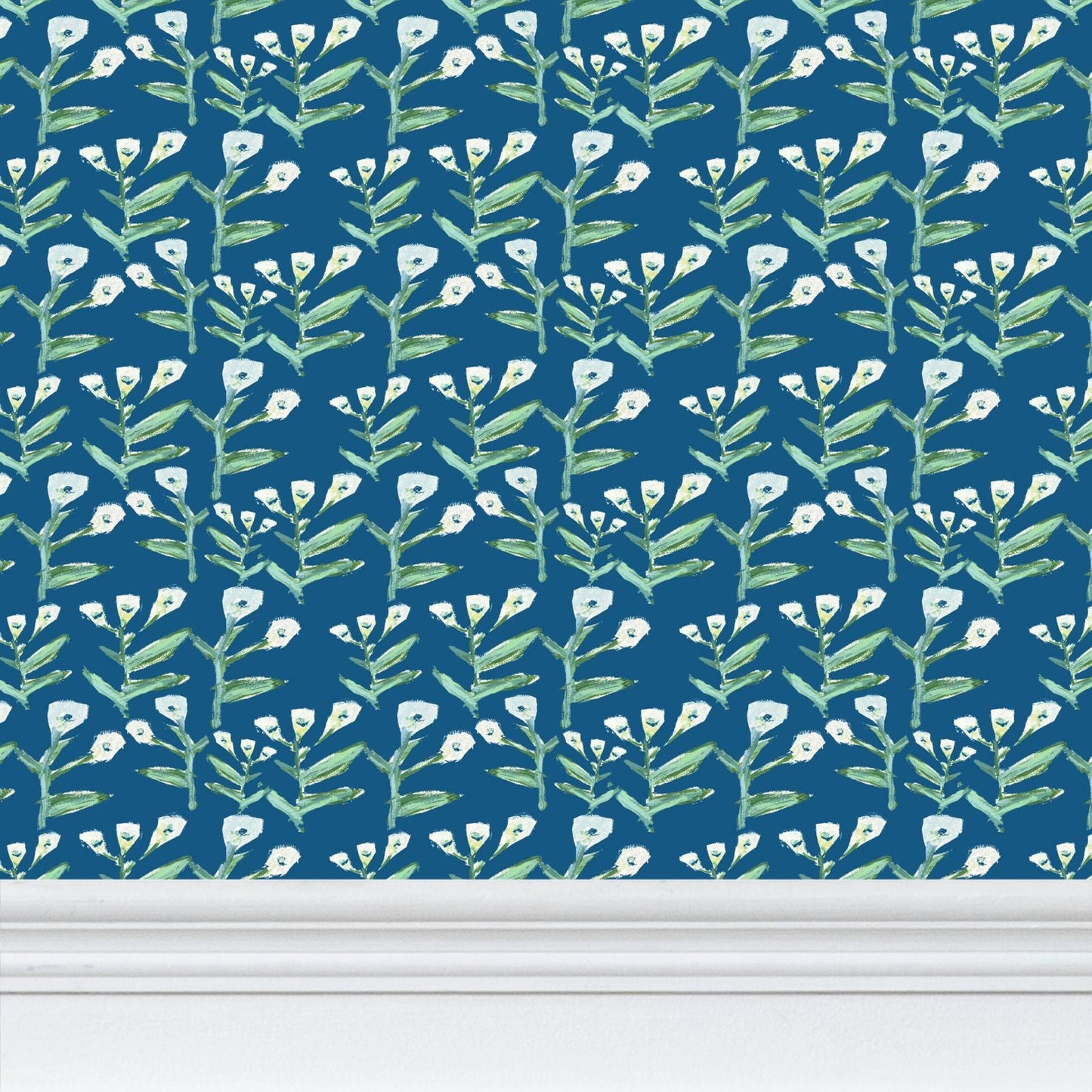 Sydney Wallpaper Marine by Erin Donahue Tice, green stems and white blossoms on blue on Tampa Home & Garden Store