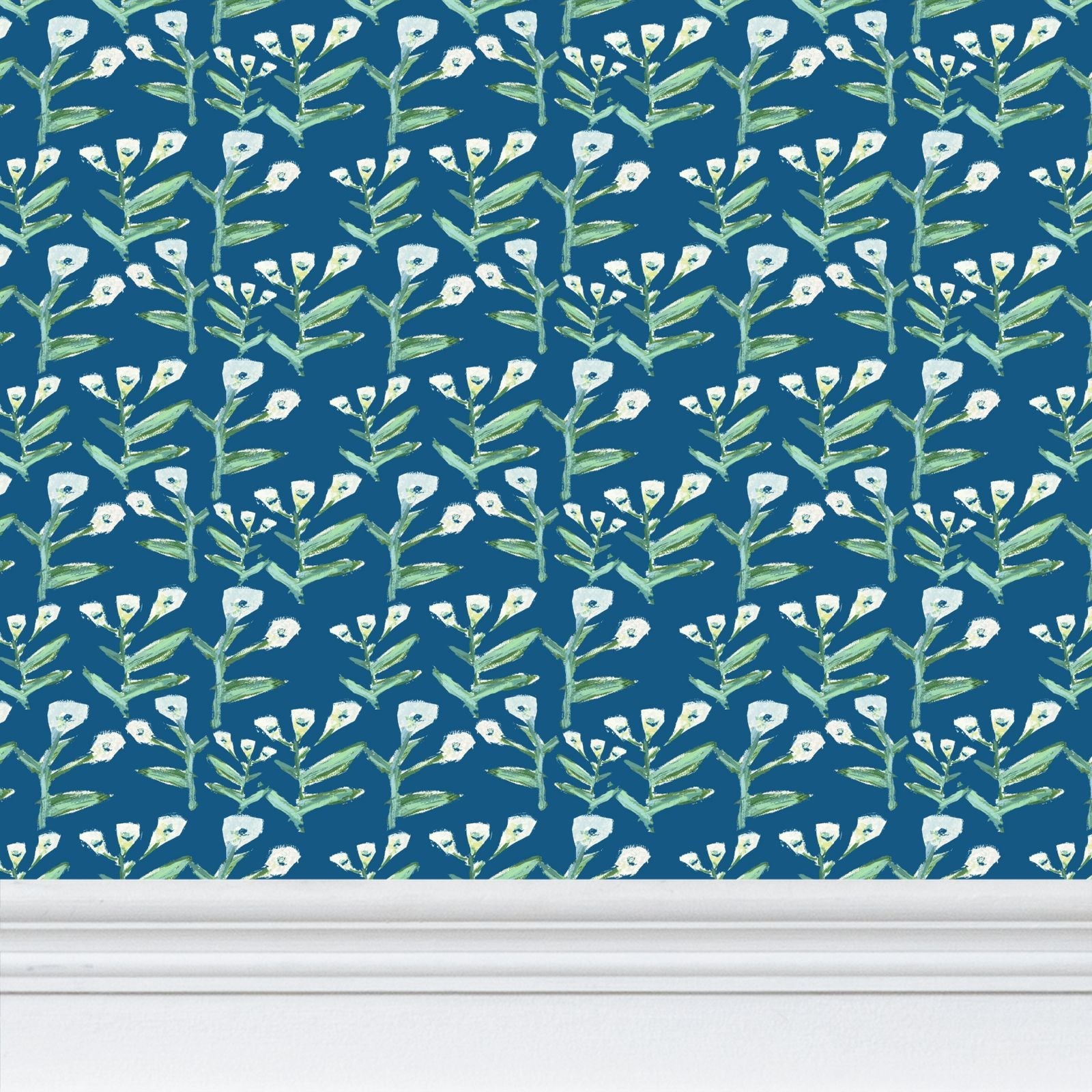 Sydney Wallpaper Marine by Erin Donahue Tice, green stems and white blossoms on blue on Tampa Home & Garden Store