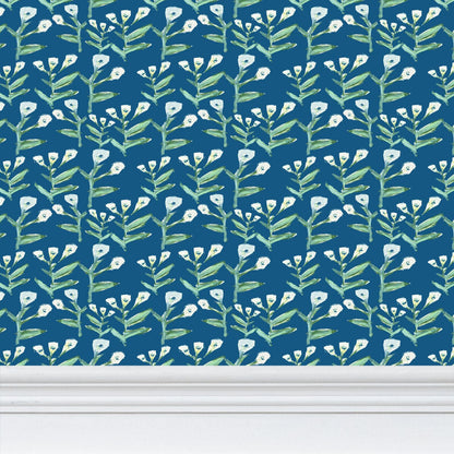 Sydney Wallpaper Marine by Erin Donahue Tice, green stems and white blossoms on blue on Tampa Home & Garden Store
