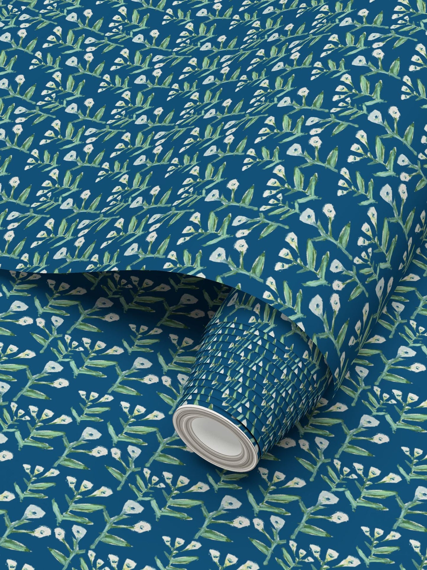 Sydney Wallpaper Marine repeat pattern in blue with green leaves and white blossoms on Tampa Home & Garden Store