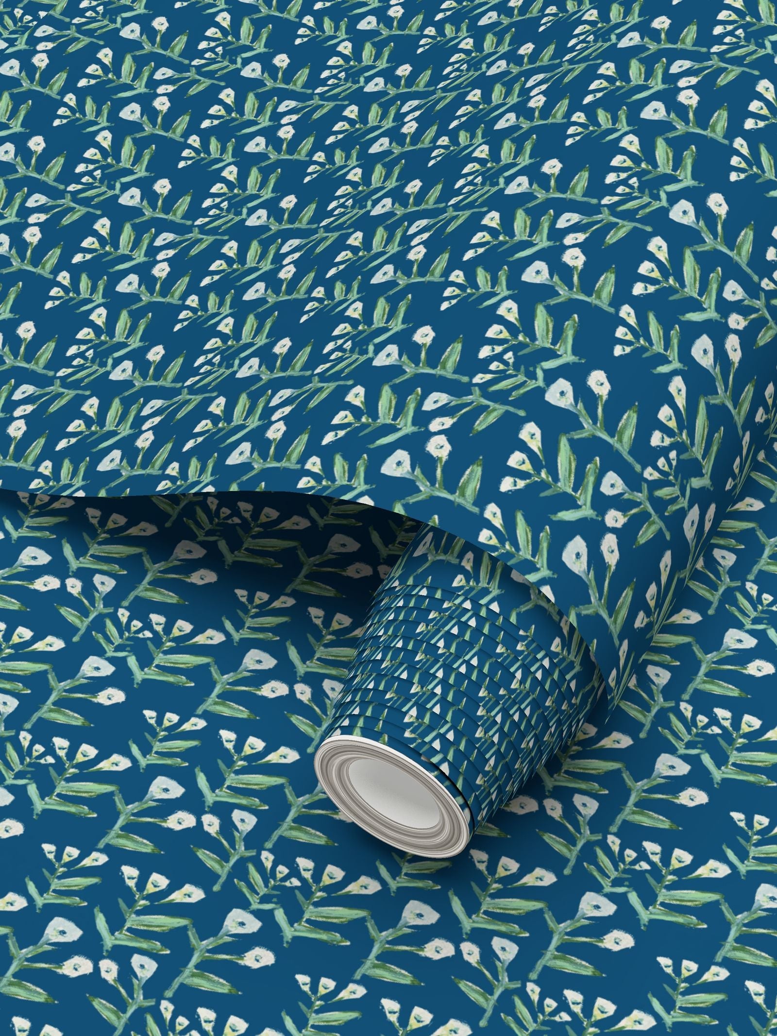 Sydney Wallpaper Marine repeat pattern in blue with green leaves and white blossoms on Tampa Home & Garden Store