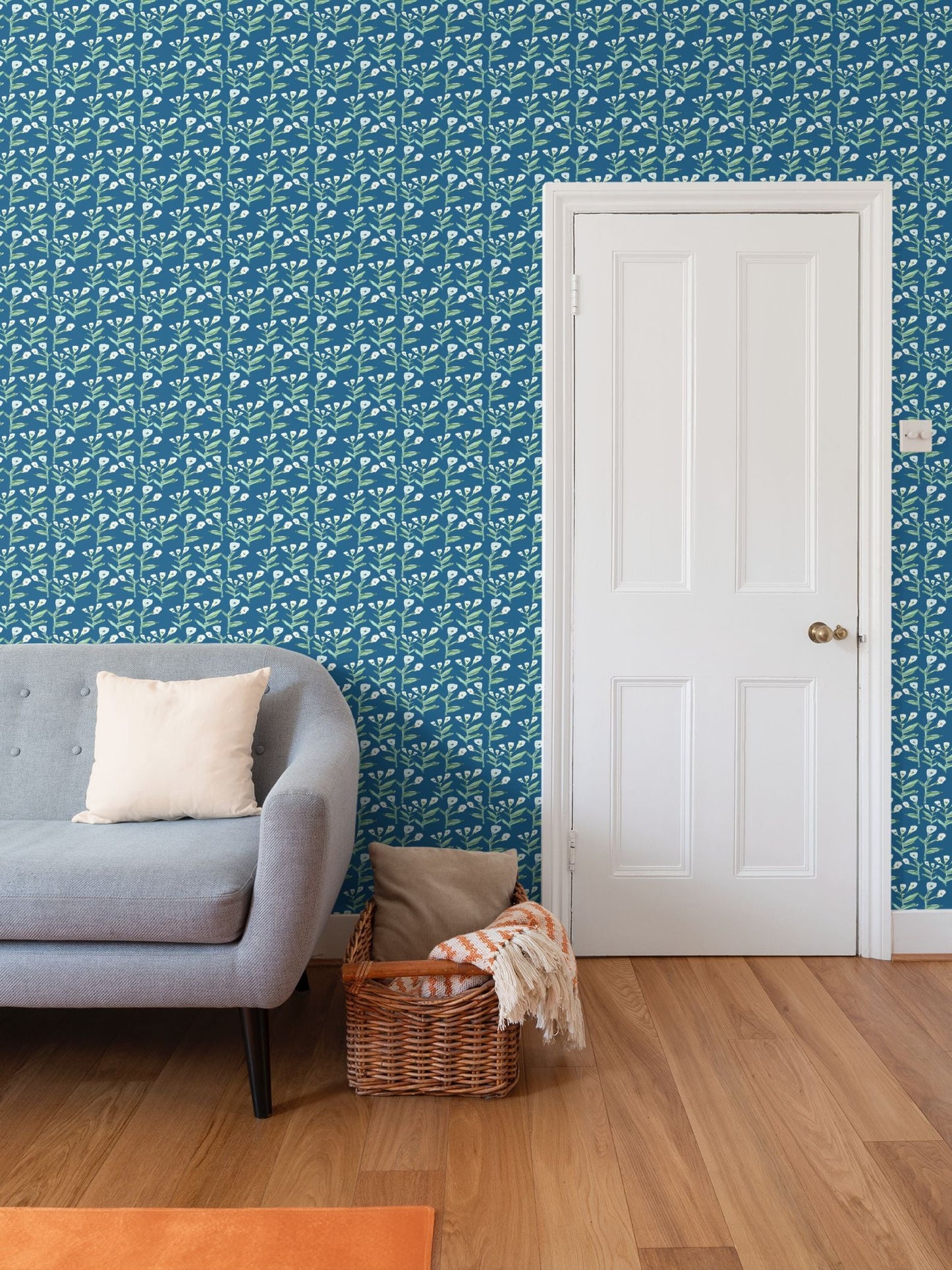 Sydney Wallpaper Marine repeat pattern by Erin Donahue Tice with teal blue floral stems on Tampa Home & Garden Store
