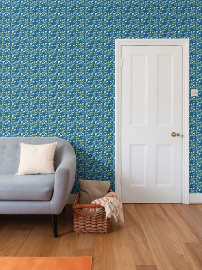 Sydney Wallpaper Marine repeat pattern by Erin Donahue Tice with teal blue floral stems on Tampa Home & Garden Store