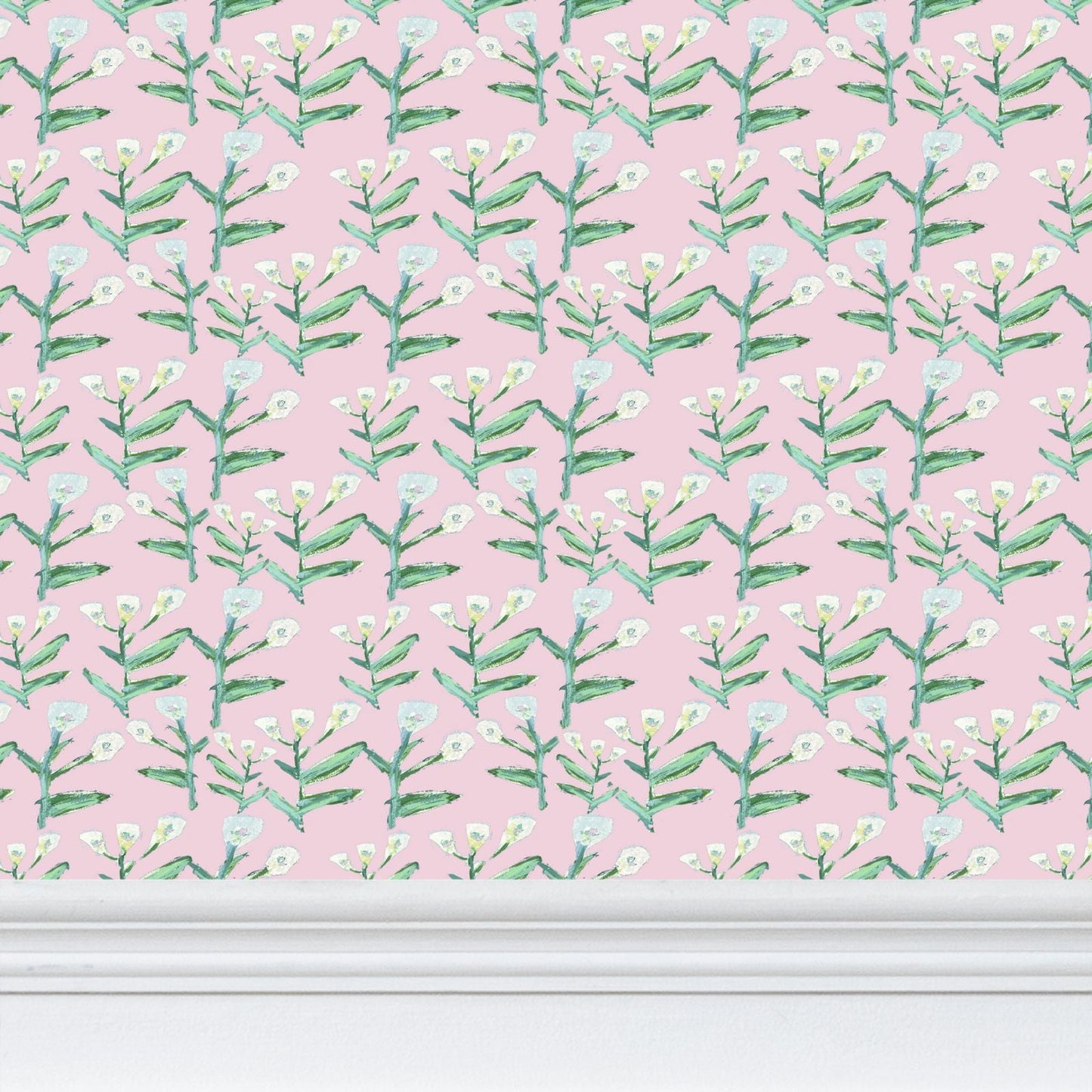 Sydney Wallpaper Tulip Pink by Erin Donahue Tice with pink background and green stems on Tampa Home & Garden Store