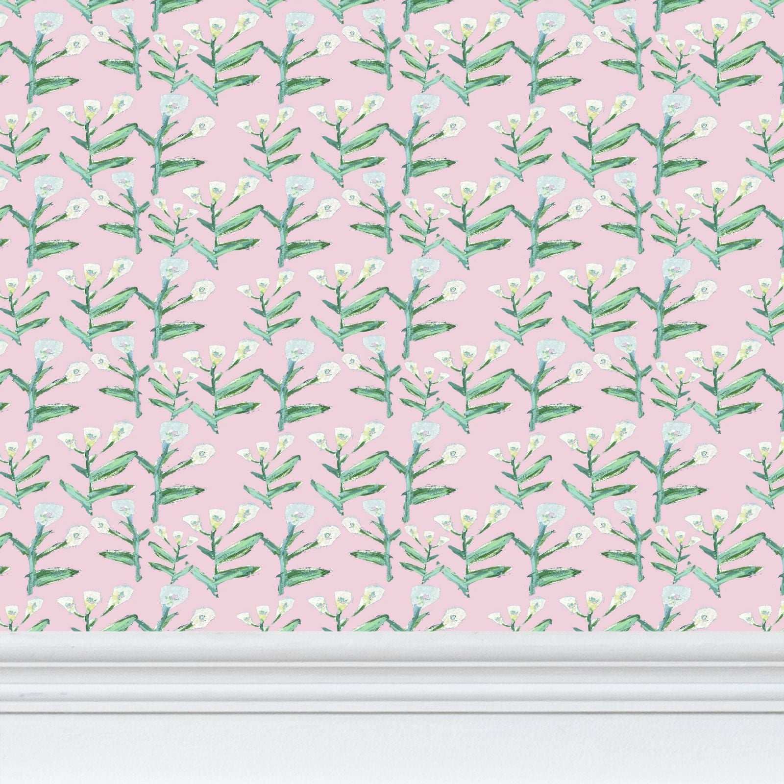Sydney Wallpaper Tulip Pink by Erin Donahue Tice with pink background and green stems on Tampa Home & Garden Store