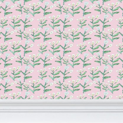 Sydney Wallpaper Tulip Pink by Erin Donahue Tice with pink background and green stems on Tampa Home & Garden Store
